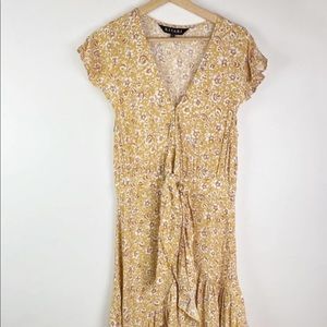 Kivari Freya Midi Dress High Low Tiered Ruffle Front Knot Womens L Yellow Floral